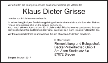 Traueranzeige von Klaus Dieter Grisse von Siegener Zeitung