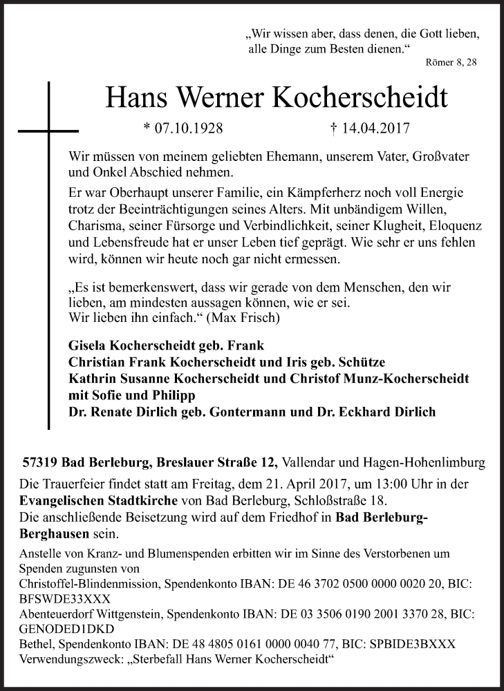  Traueranzeige für Hans Werner Kocherscheidt vom 18.04.2017 aus Siegener Zeitung