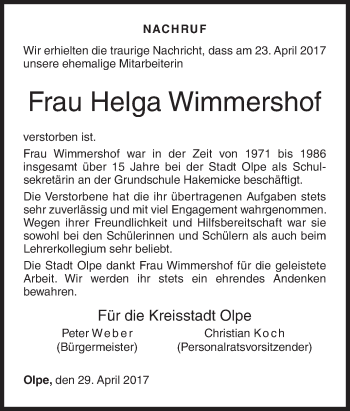 Traueranzeige von Helga Wimmershof von Siegener Zeitung