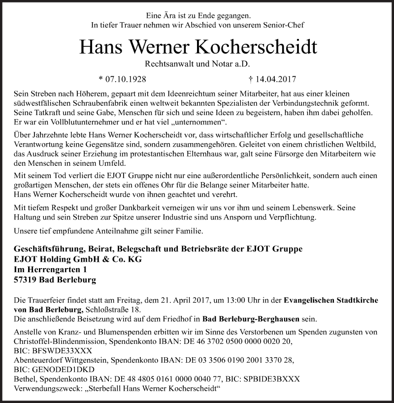  Traueranzeige für Hans Werner Kocherscheidt vom 18.04.2017 aus Siegener Zeitung