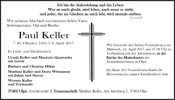 Traueranzeige von Paul Keller von Siegener Zeitung