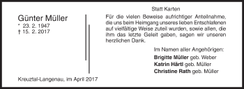 Traueranzeige von Günter Müller von Siegener Zeitung