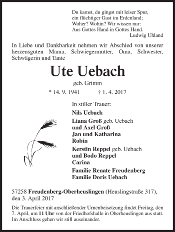 Traueranzeige von Ute Uebach von Siegener Zeitung
