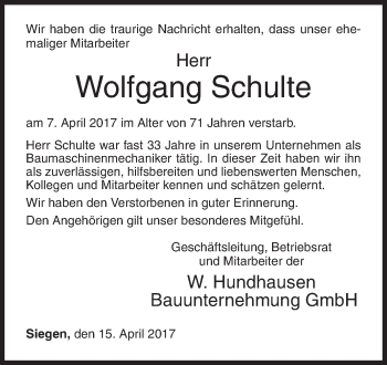 Traueranzeige von Wolfgang Schulte von Siegener Zeitung