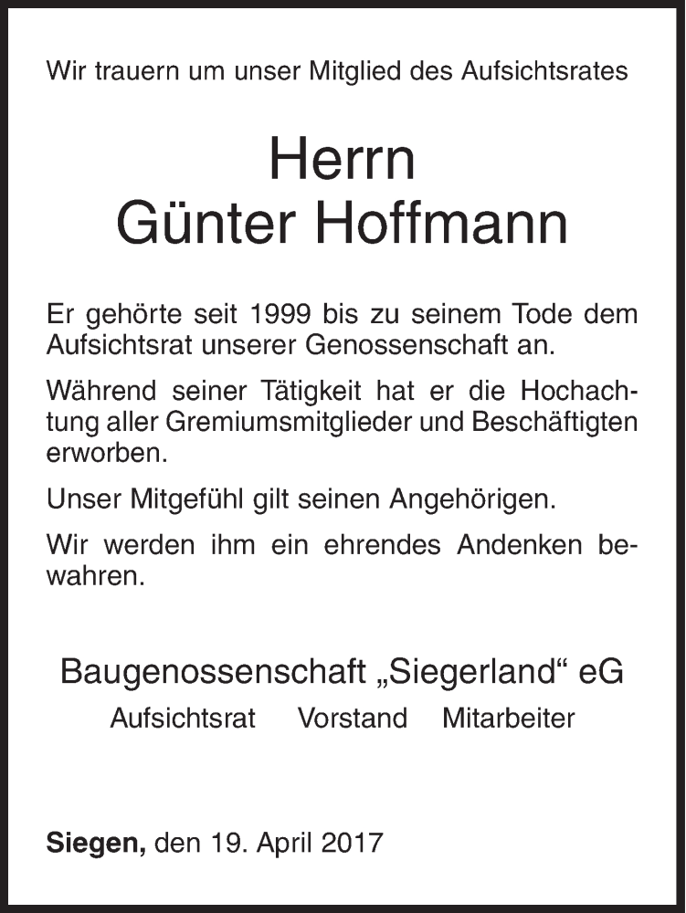  Traueranzeige für Günter Hoffmann vom 19.04.2017 aus Siegener Zeitung