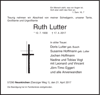 Traueranzeige von Ruth Lutter von Siegener Zeitung