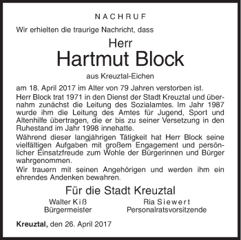 Traueranzeige von Hartmut Block von Siegener Zeitung