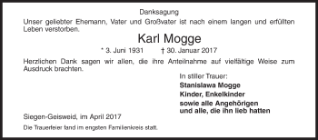 Traueranzeige von Karl Mogge von Siegener Zeitung