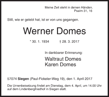 Traueranzeige von Werner Domes von Siegener Zeitung