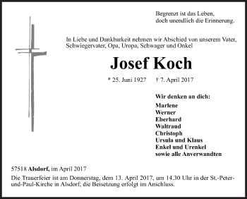 Traueranzeige von Josef Koch von Siegener Zeitung