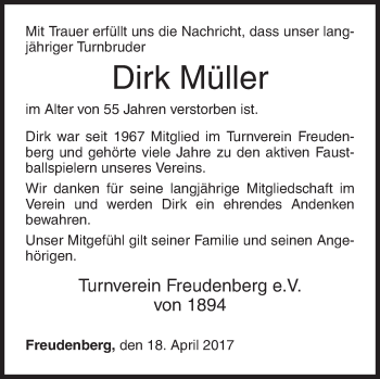 Traueranzeige von Dirk Müller von Siegener Zeitung