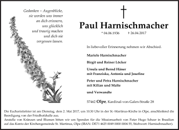 Traueranzeige von Paul Harnischmacher von Siegener Zeitung