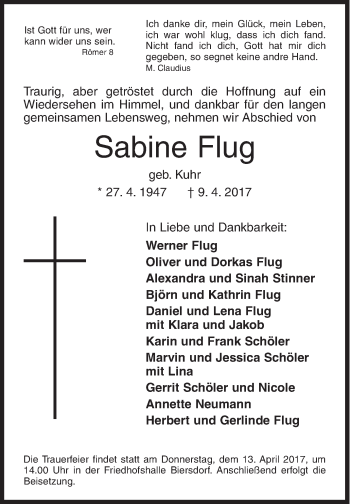 Traueranzeige von Sabine Flug von Siegener Zeitung