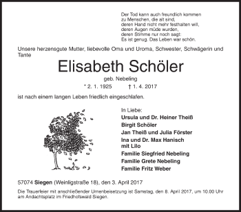 Traueranzeige von Elisabeth Schöler von Siegener Zeitung