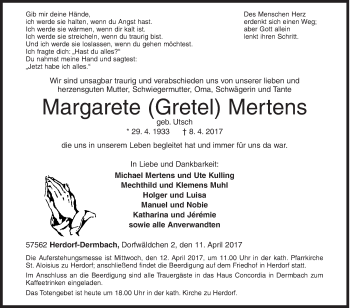 Traueranzeige von Margarete Mertens von Siegener Zeitung