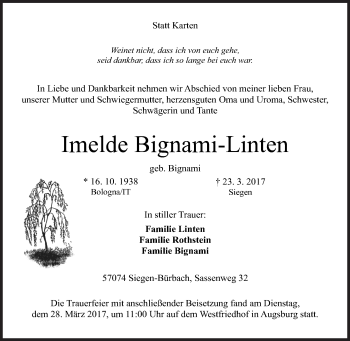 Traueranzeige von Imelde Bignami-Linten von Siegener Zeitung