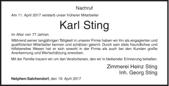 Traueranzeige von Karl Sting von Siegener Zeitung