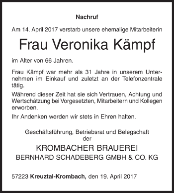 Traueranzeige von Veronika Kämpf von Siegener Zeitung