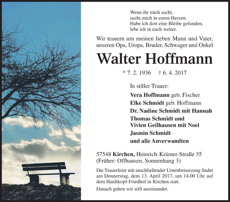  Traueranzeige für Walter Hoffmann vom 10.04.2017 aus Siegener Zeitung