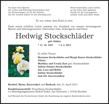 Traueranzeige von Hedwig Stockschläder von Siegener Zeitung