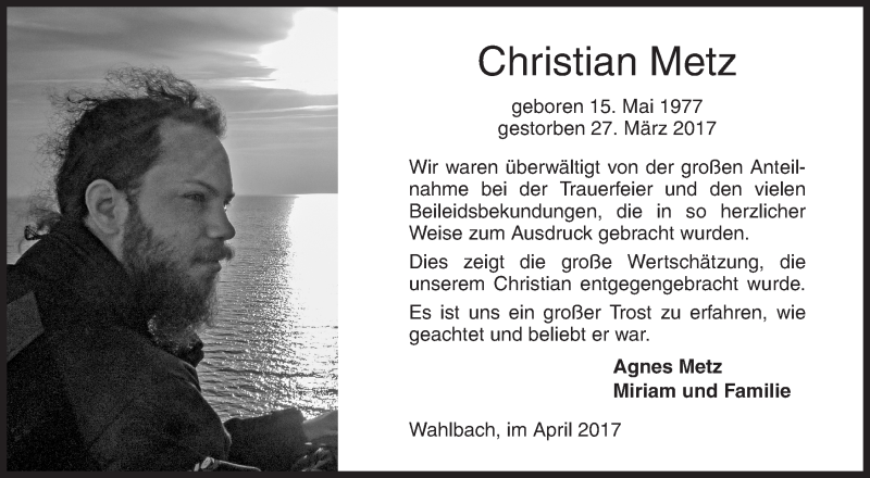  Traueranzeige für Christian Metz vom 19.04.2017 aus Siegener Zeitung