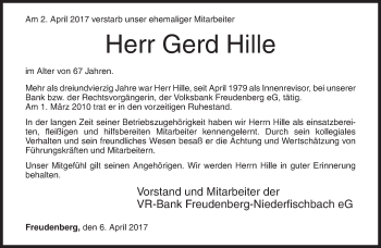 Traueranzeige von Gerd Hille von Siegener Zeitung