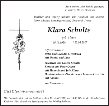 Traueranzeige von Klara Schulte von Siegener Zeitung