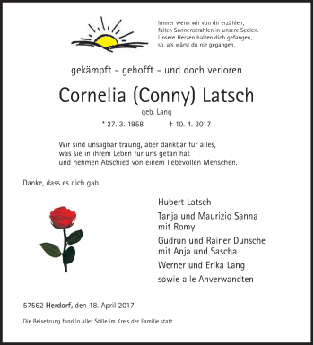 Traueranzeige von Cornelia Latsch von Siegener Zeitung