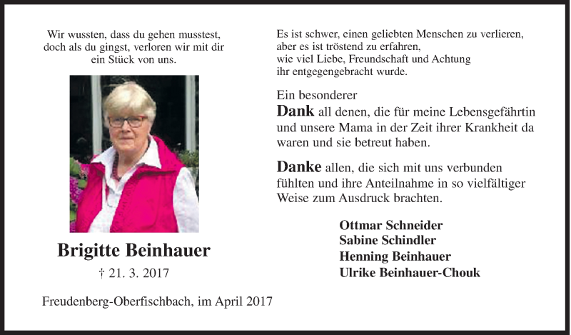 Traueranzeige für Brigitte Beinhauer vom 21.04.2017 aus Siegener Zeitung