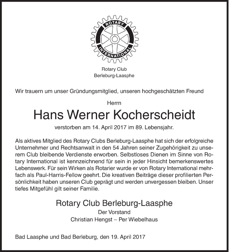  Traueranzeige für Hans Werner Kocherscheidt vom 19.04.2017 aus Siegener Zeitung
