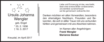 Traueranzeige von Ursula Johanna Wengler von Siegener Zeitung