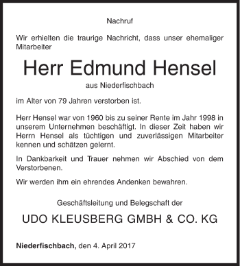Traueranzeige von Edmund Hensel von Siegener Zeitung