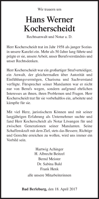 Traueranzeige von Hans Werner Kocherscheidt von Siegener Zeitung