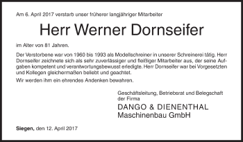 Traueranzeige von Werner Dornseifer von Siegener Zeitung