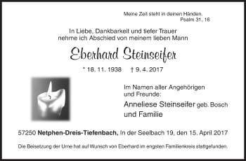 Traueranzeige von Eberhard Steinseifer von Siegener Zeitung