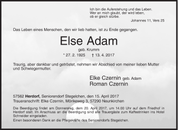 Traueranzeige von Else Adam von Siegener Zeitung