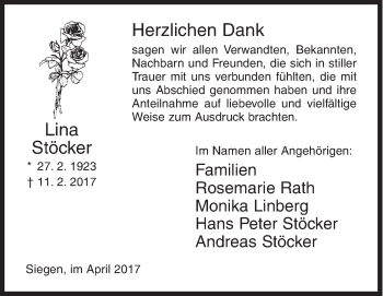 Traueranzeige von Lina Stöcker von Siegener Zeitung