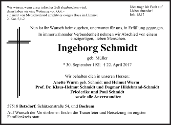 Traueranzeige von Ingeborg Schmidt von Siegener Zeitung