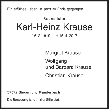 Traueranzeige von Karl-Heinz Krause von Siegener Zeitung