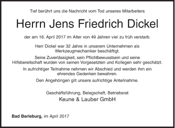 Traueranzeige von Jens Friedrich Dickel von Siegener Zeitung