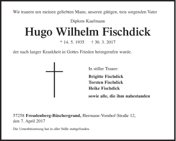 Traueranzeige von Hugo Wilhelm Fischdick von Siegener Zeitung