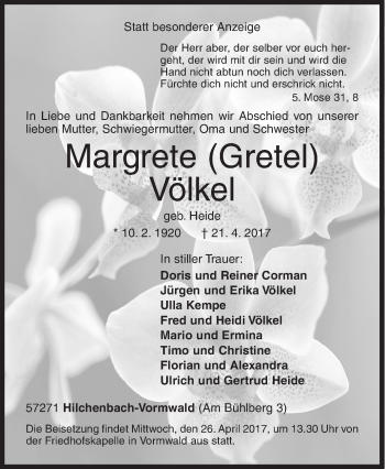 Traueranzeige von Margrete Völkel von Siegener Zeitung
