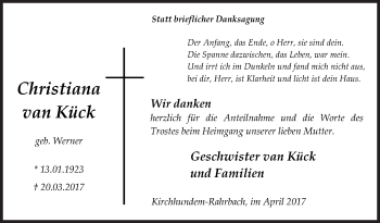 Traueranzeige von Christiana van Kück von Siegener Zeitung
