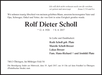 Traueranzeige von Rolf Dieter Scholl von Siegener Zeitung