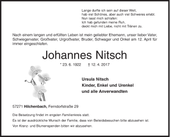 Traueranzeige von Johannes Nitsch von Siegener Zeitung