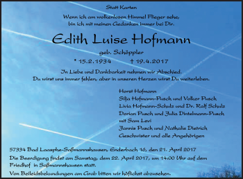 Traueranzeige von Edith Luise Hofmann von Siegener Zeitung