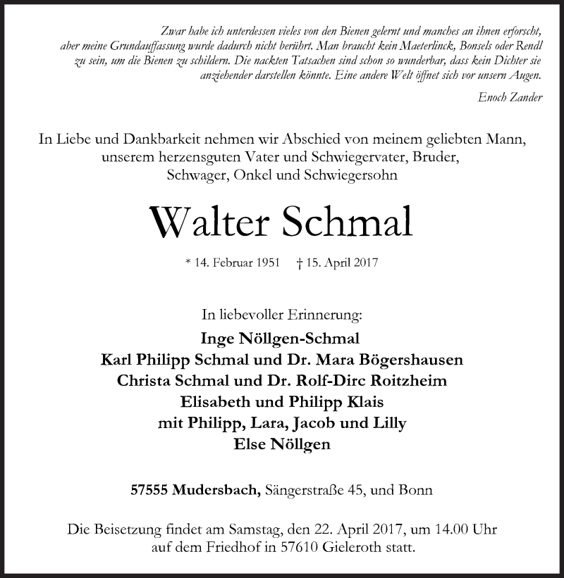  Traueranzeige für Walter Schmal vom 19.04.2017 aus Siegener Zeitung