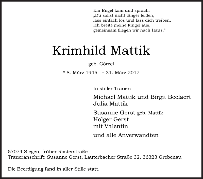 Traueranzeige für Krimhild Mattik vom 08.04.2017 aus Siegener Zeitung