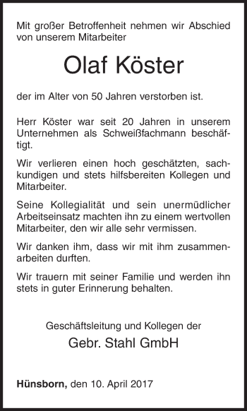 Traueranzeige von Olaf Köster von Siegener Zeitung