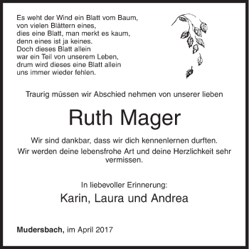 Traueranzeige von Ruth Mager von Siegener Zeitung